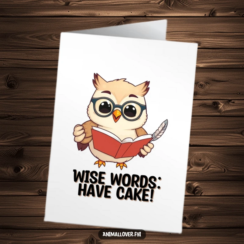 Funny Free Printable Birthday Card: A spectacled owl happily holding an open book and a feather, ready to celebrate.