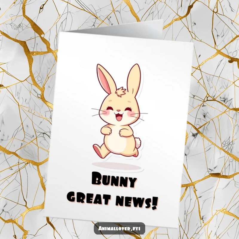 Funny Free Printable Congratulations Card: An excited rabbit with perked ears is captured mid-hop with joy.