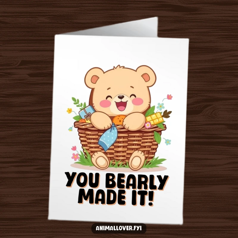 Funny Free Printable Congrats Card: A happy bear cub gives a big hug to a picnic basket full of treats.