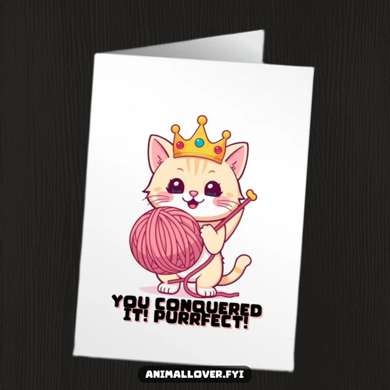 Funny Free Printable Congratulations Card showing a cute cat wearing a crown, holding a giant yarn ball victoriously.