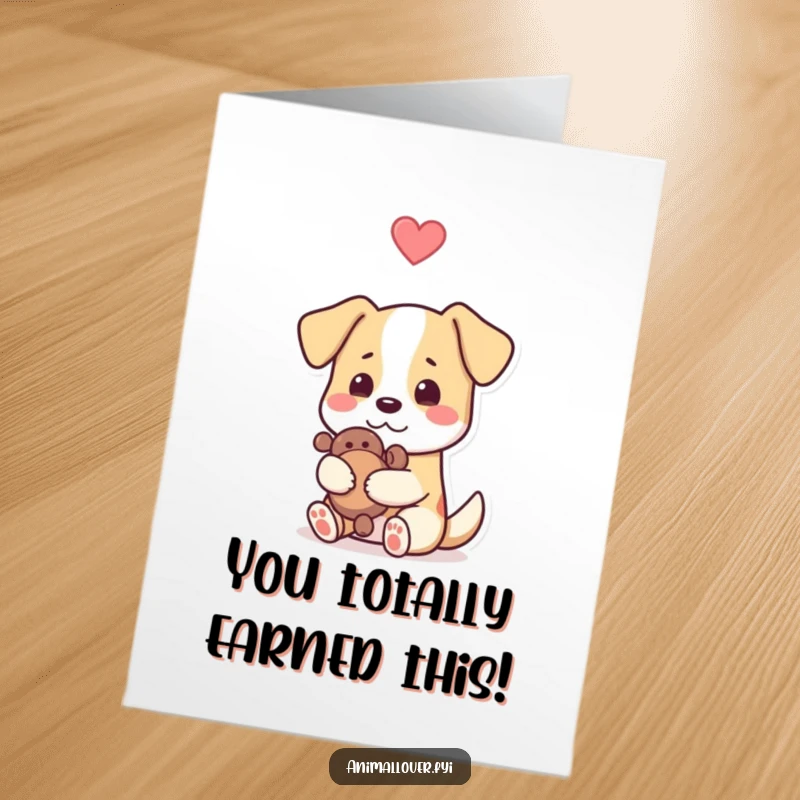 Funny Free Printable Congrats Card: Joyful dog embracing its beloved toy, celebrating a win with love.