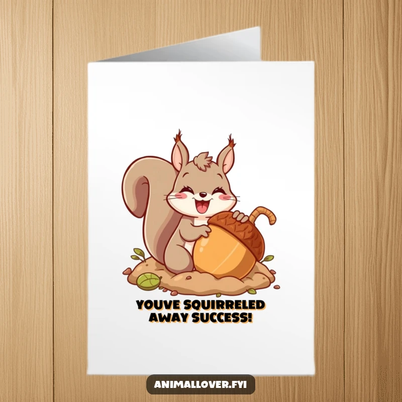 Funny free printable congratulations card: A squirrel joyfully buries a huge acorn, symbolizing a massive accomplishment.