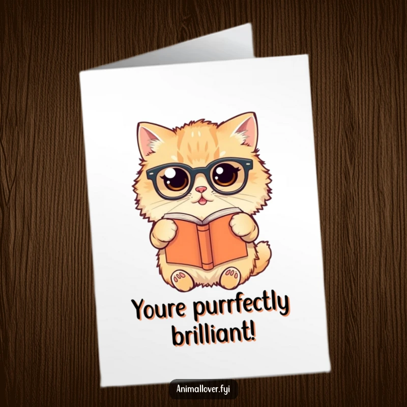 Funny Free Printable Congratulations Card: A fluffy cat in glasses holding a book upside down, celebrating smarts, downloadable art.