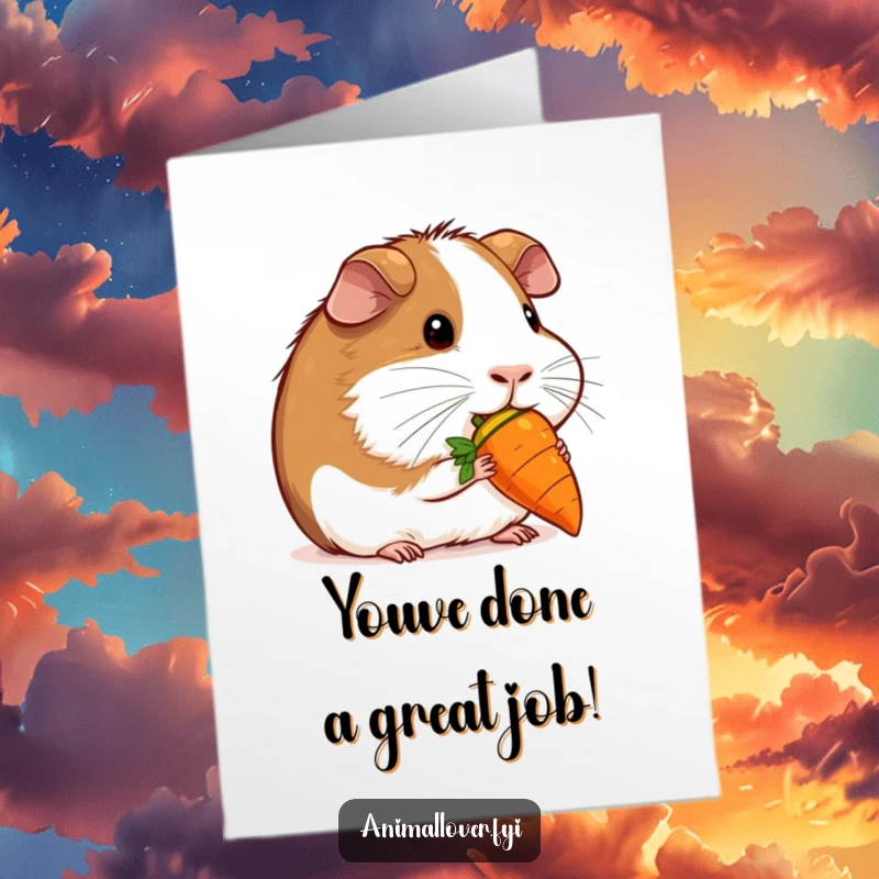 Funny Free Printable Congratulations Card: A contented guinea pig enjoys a miniature carrot, celebrating a sweet victory.