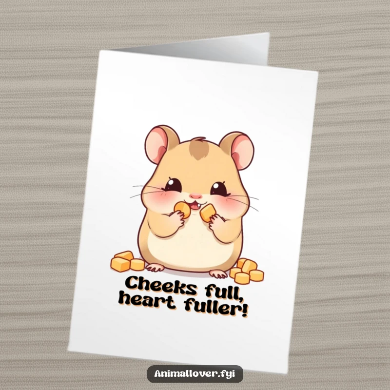 Funny Free Printable Congrats Card: A pleased hamster with bulging cheeks, savoring delicious tiny snacks.
