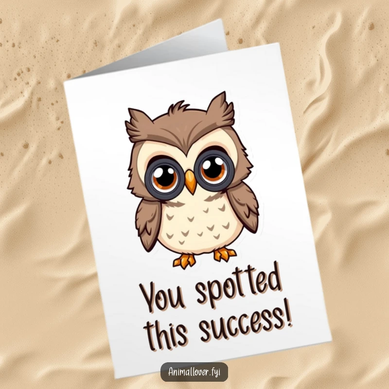 Funny Free Printable Congrats Card: Curious owl with big eyes uses binoculars to spot success, a humorous way to congratulate, print at home.