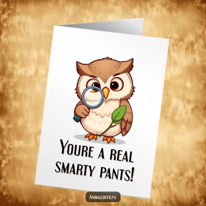 Funny Free Printable Congrats Card: A wise owl using a magnifying glass to scrutinize a delicate leaf.