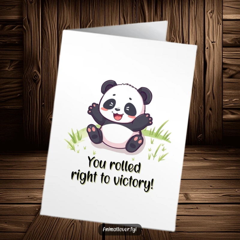 Funny Free Printable Congrats Card: Delighted panda cub rolling down a hill, symbolizing joyful celebration of achievements, print at home.