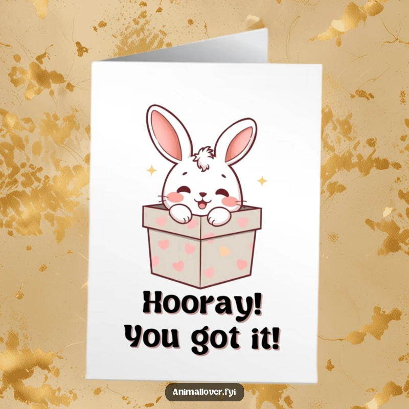 Funny Free Printable congratulations card: A thrilled rabbit surprises from a gift box, celebrating your amazing achievement with pure delight.