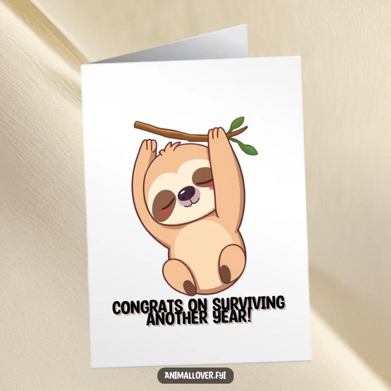 Funny Free Printable Congratulations Card: A sleepy sloth hangs upside down, offering a slow and gentle congratulatory smile.