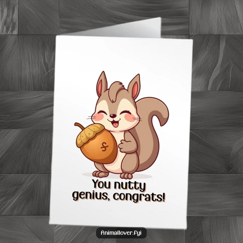 Funny Free Printable Congrats Card: Squirrel winks while holding a giant acorn, celebrating achievements with a playful, downloadable charm, print at home.
