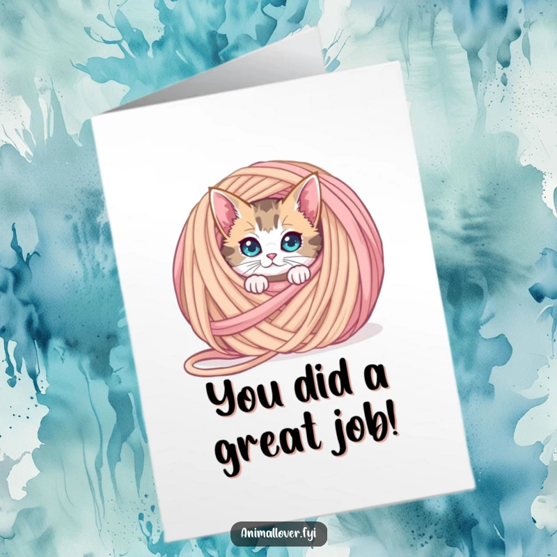 Funny Free Printable Congratulations Card: A curious cat is hiding behind an enormous ball of colorful yarn.