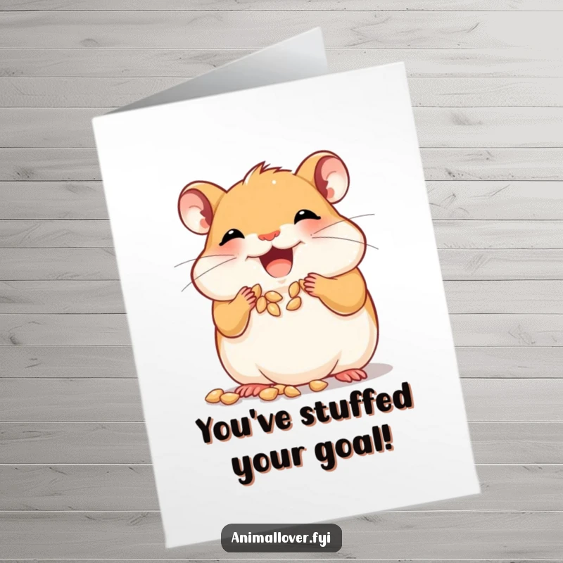Funny Free Printable Congratulations Card: A happy hamster is pictured with its cheeks bulging full of tiny seeds.
