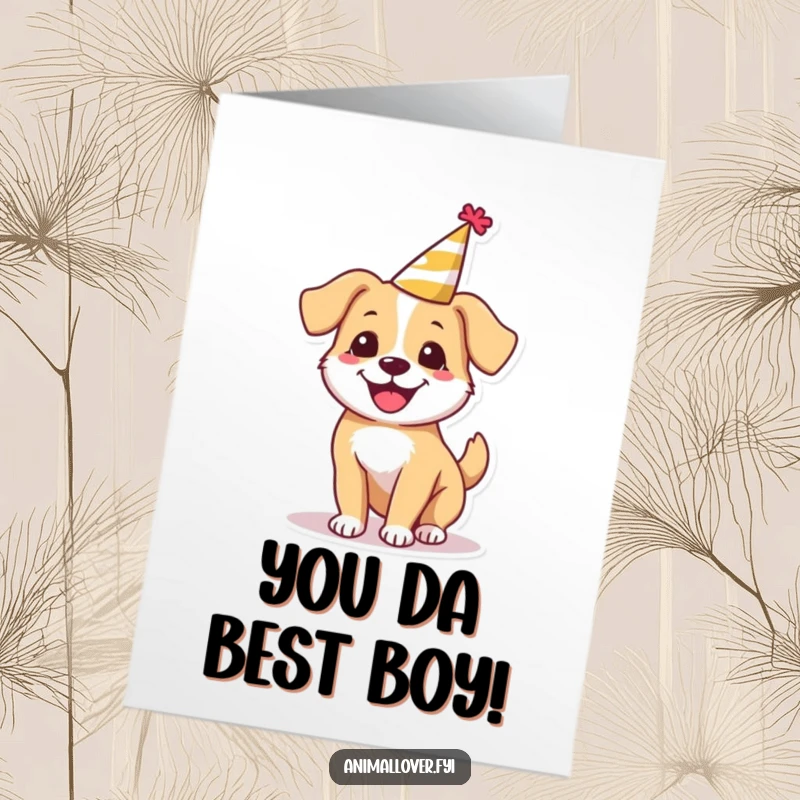 Funny Free Printable Congratulations Card: A cheerful dog sports a small party hat while spinning in circles happily.