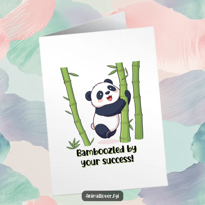 Funny Free Printable Congratulations Card: A playful panda hugs a giant bamboo stalk, celebrating a significant accomplishment.