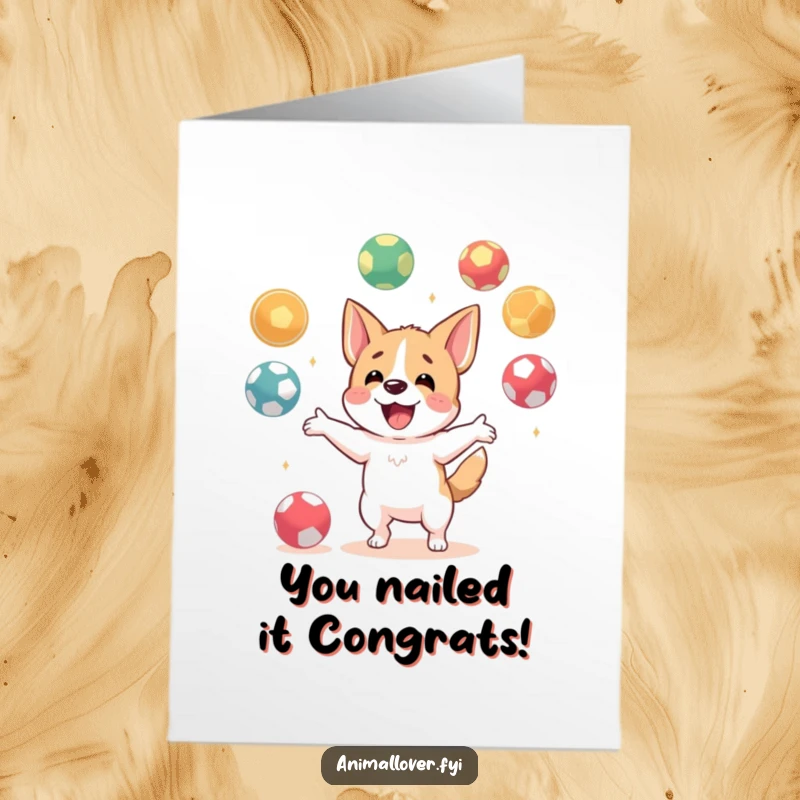 Funny Free Printable Dog Congratulations Card, happy dog skillfully juggling many balls, symbolizing achievement and fun.