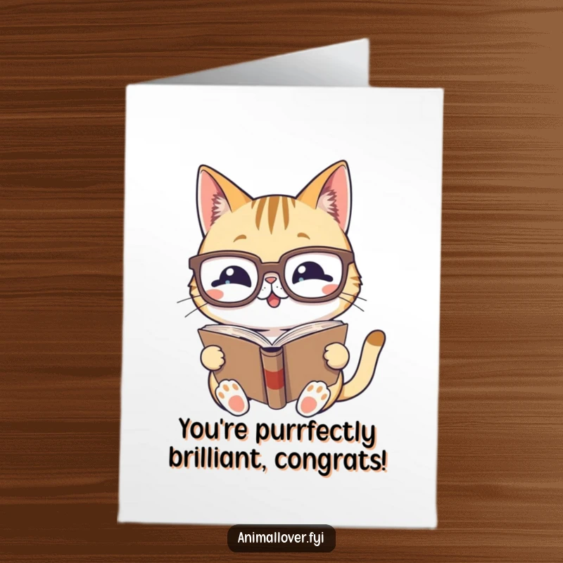 Funny Free Printable Congratulations Card: Gleeful cat in oversized glasses diving into a book, celebrating big wins.