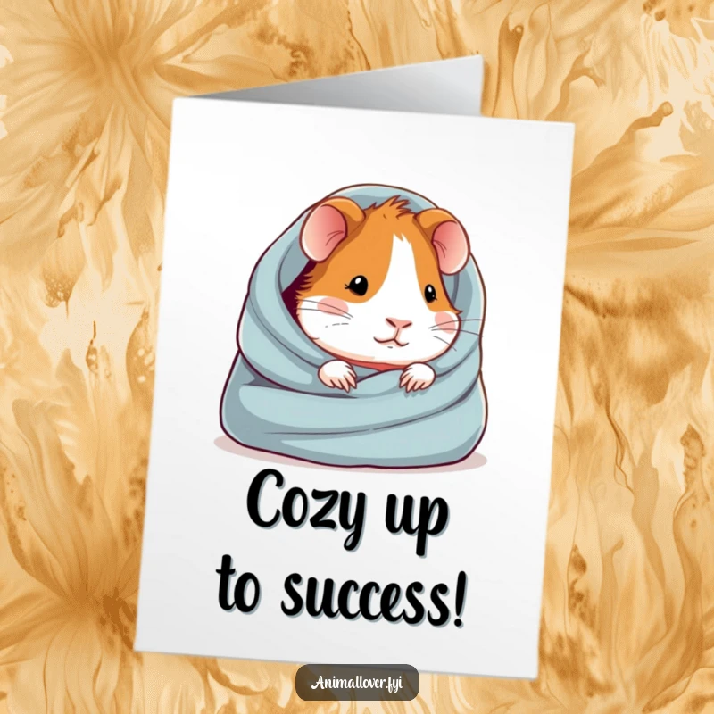 Funny Free Printable Congratulations Card: A happy guinea pig snuggled in a blanket celebrates an achievement with quiet contentment.