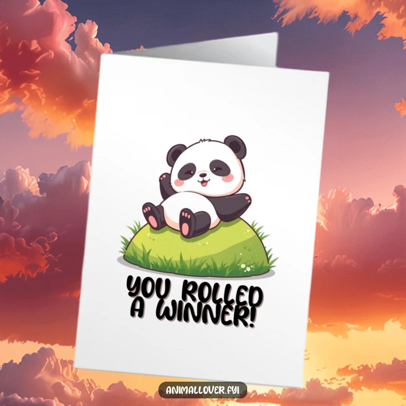 Funny Free Printable Congratulations Card: A gleeful panda tumbles down a hill celebrating a big win with excitement.