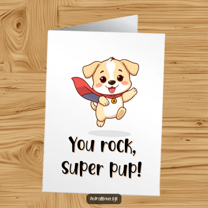 Funny Free Printable Congratulations Card: Brave puppy in a cape, jumping triumphantly to celebrate success.