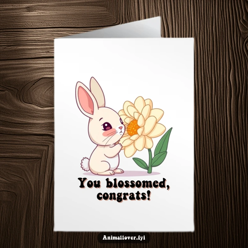 Funny Free Printable Congratulations Card: Curious rabbit sniffing a giant flower, celebrating new beginnings.
