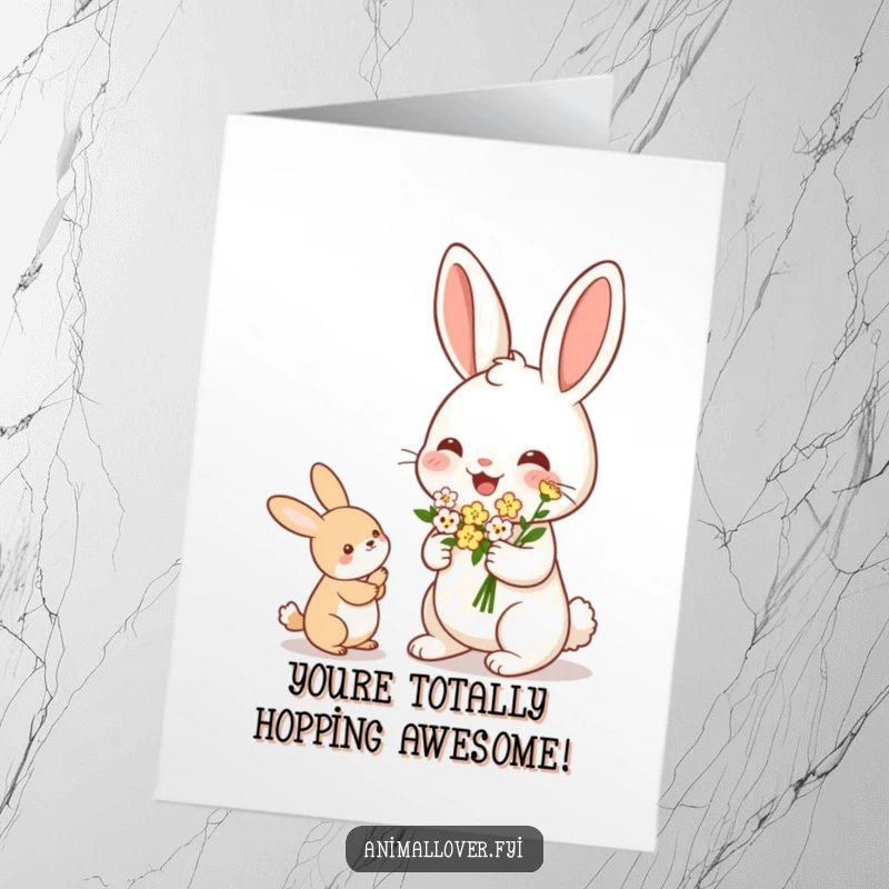 Funny Free Printable Rabbit Congratulations Card: A cheerful rabbit presents a small flower bouquet to congratulate someone.