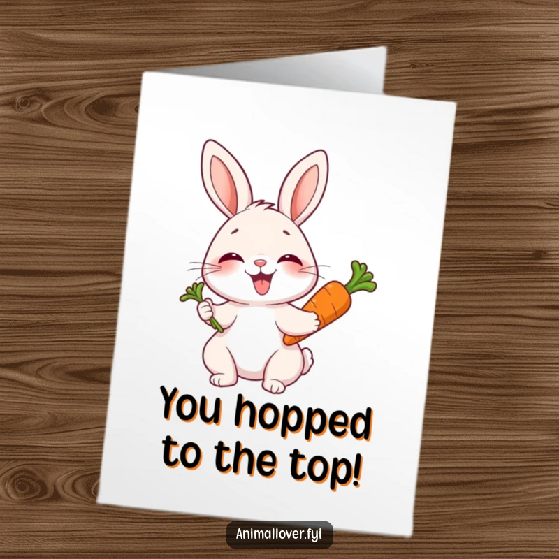 Funny Free Printable Congratulations Card: A joyful rabbit giggles, holding a carrot to celebrate a successful achievement.