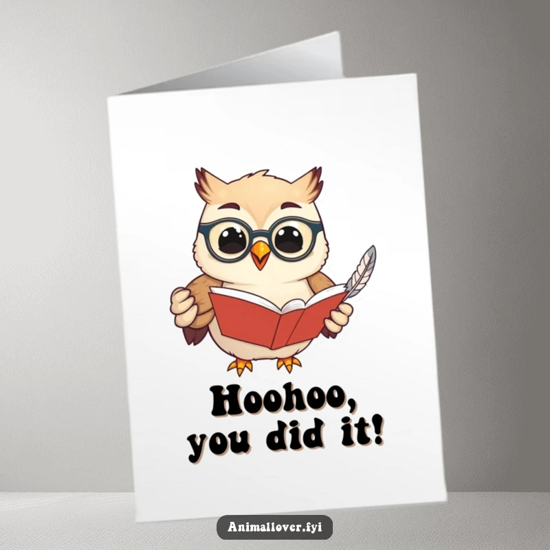 Funny Free Printable Congratulations Card: An owl in spectacles holding a book and feather, looking proud of an achievement.