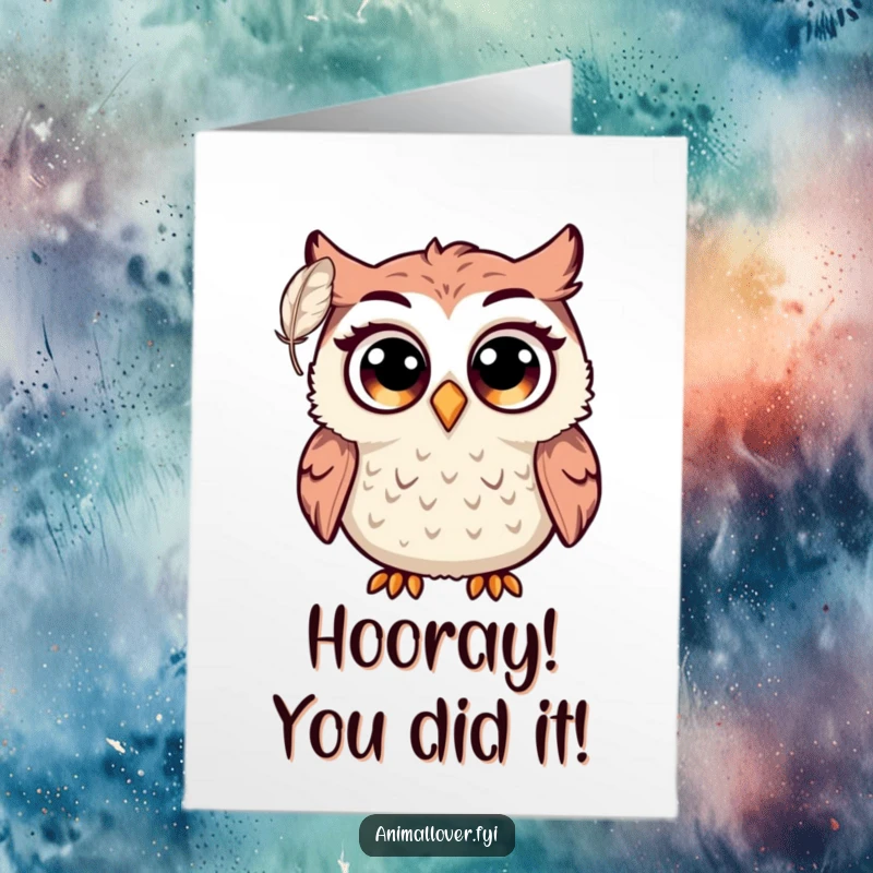 Funny free printable congratulations card: A comical owl with bulging eyes is startled by a single floating feather.