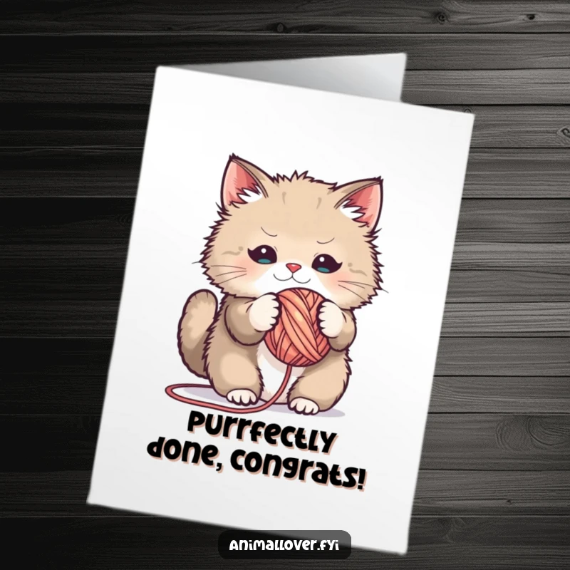 Funny Free Printable Congratulations Card: Fluffy cat tangled in yarn, celebrating a big win with joy.