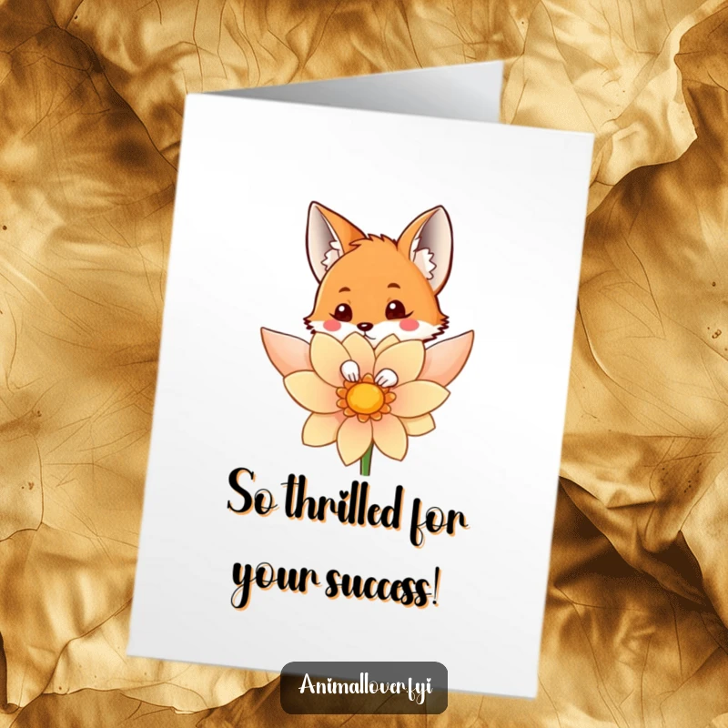 Funny Free Printable Congratulations Card: A curious fox peeking from behind a vibrant, large flower.