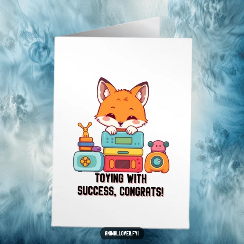 Funny Free Printable Congratulations Card showing a cute fox emerging from colorful toys, celebrating a special moment.