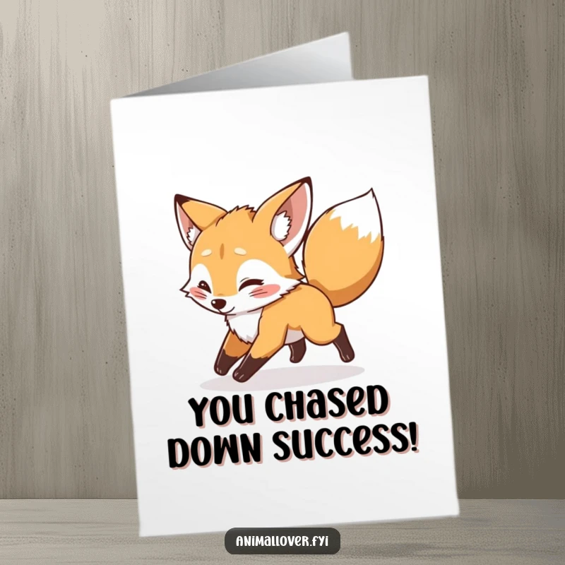 Funny Free Printable Congratulations Card: An energetic fox cub playfully chases its tail, celebrating a dynamic success.