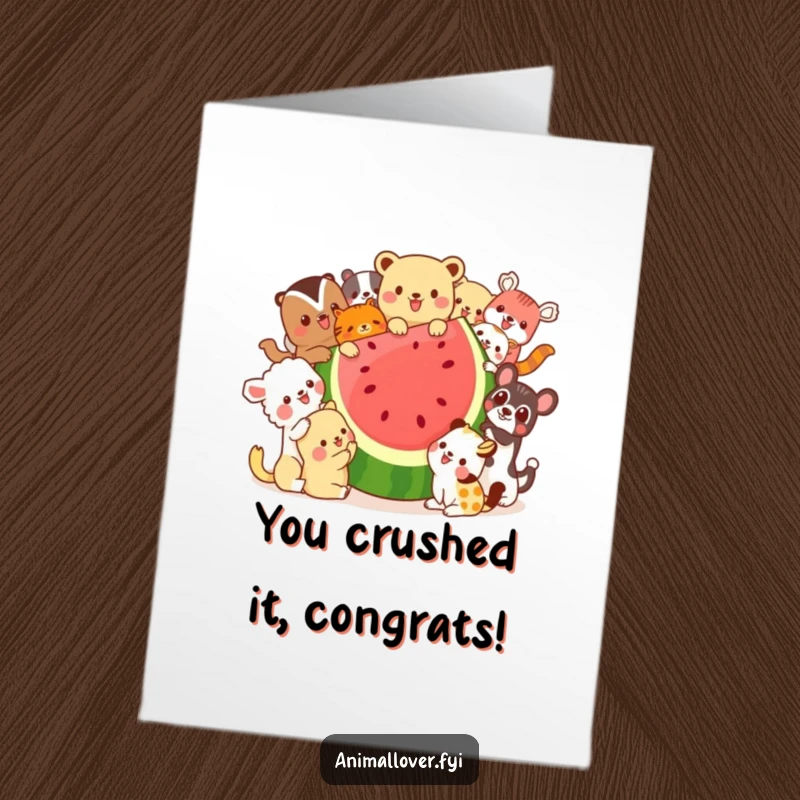 Funny Free Printable Congratulations Card: Cheerful animals gathered around a huge watermelon slice, ready to party.