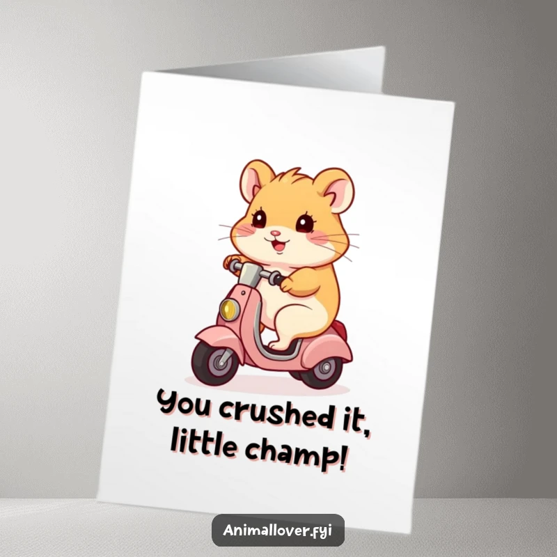 Funny Free Printable congratulations card: A cool hamster zooms by on a scooter, celebrating your success with speed and style.