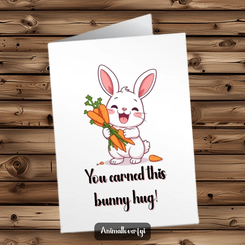 Funny free printable congratulations card: A rabbit holds a large bouquet of carrots like a prize, celebrating a big win.