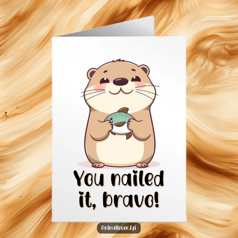 Funny Free Printable Congrats Card: Happy otter balances a fish on its nose, symbolizing achievement and skill, a humorous congratulatory art, print at home.