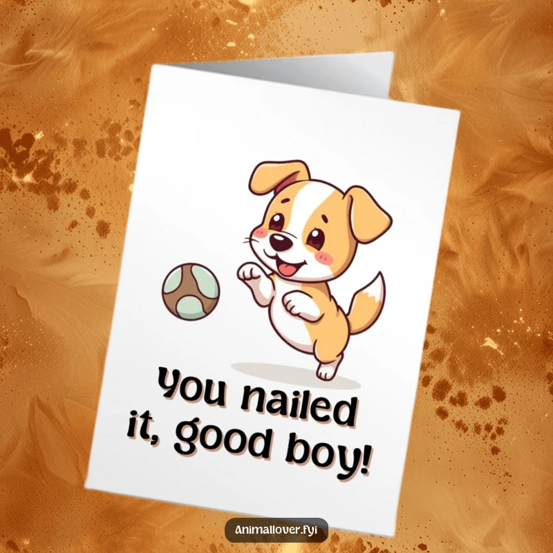 Funny Free Printable Congratulations Card featuring a happy dog excitedly fetching a ball, celebrating a great achievement.