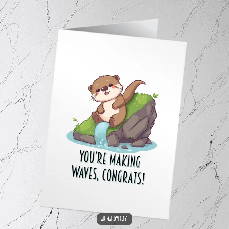 Funny Free Printable Congrats Card: A playful otter slides down a mossy rock with immense glee.