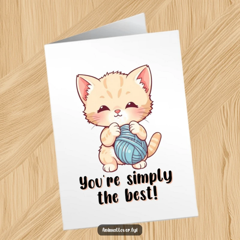 Free Printable Congratulations Card: A cute kitten happily batting at a dangling yarn ball, celebrating your achievement.