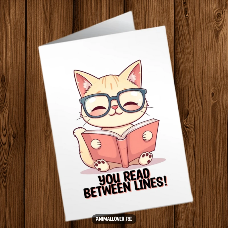 Funny free printable congratulations card showing a smiling cat with oversized glasses, intently reading a large book, celebrating wisdom and achievement.