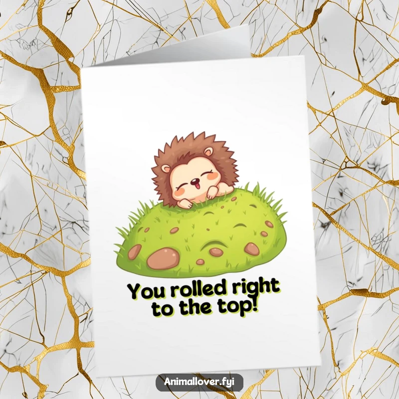 Funny Free Printable Congratulations Card: A happy hedgehog rolling down a grassy hill with eyes closed in delight.