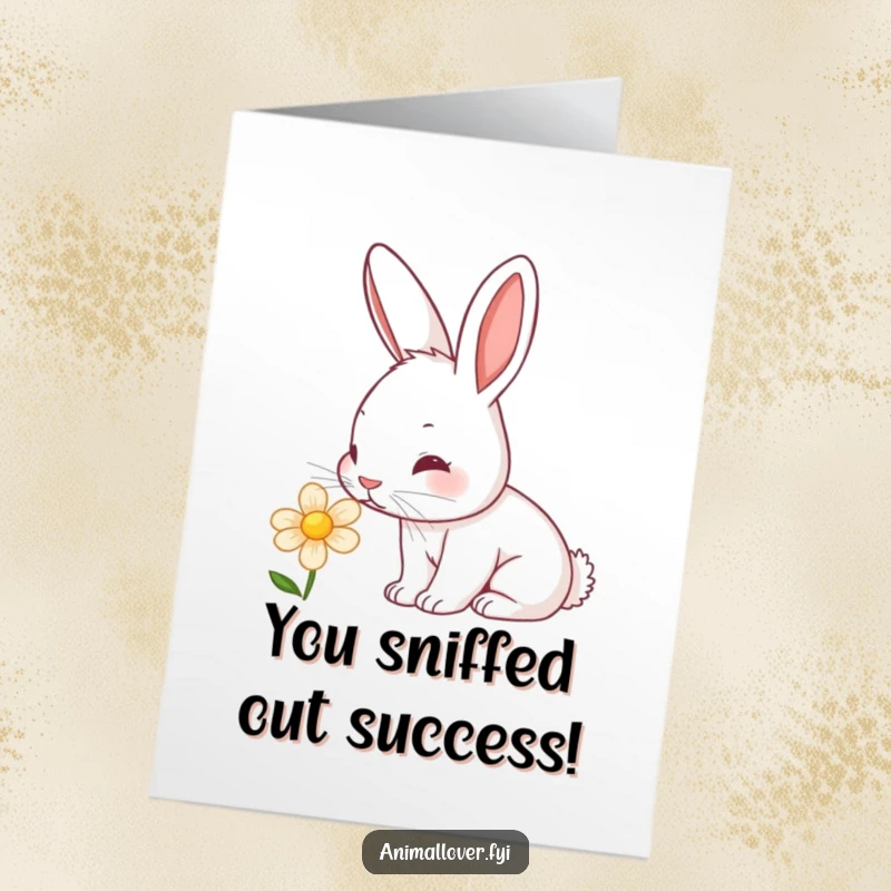 Cute Free Printable Congratulations Card: A curious rabbit delicately sniffing a colorful flower with a twitching nose.