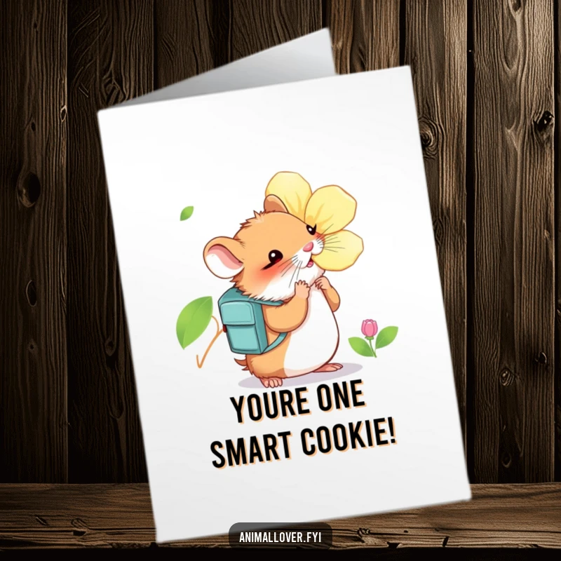 Funny Free Printable Hamster Congratulations Card: A curious hamster in a backpack excitedly sniffs a vibrant flower to celebrate.