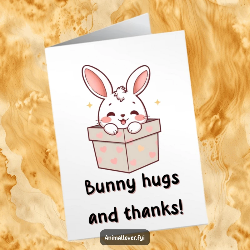 Funny Free Printable thank you card: A curious rabbit peeks out of a gift box, offering thanks with a sweet and funny surprise.