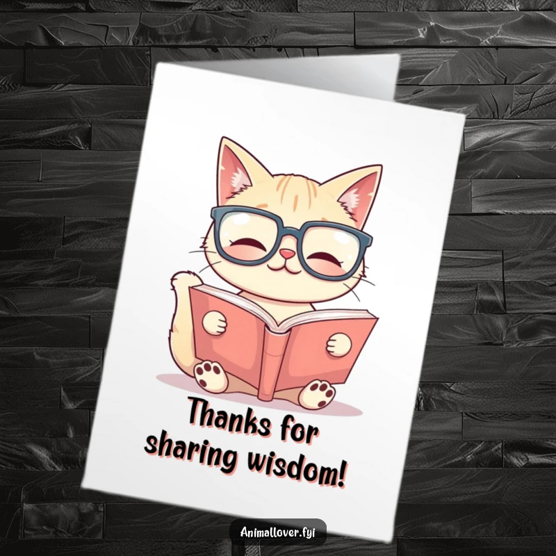 Funny free printable thank you card featuring a smiling cat with large glasses, absorbed in reading a big book, conveying appreciation with intellectual flair.