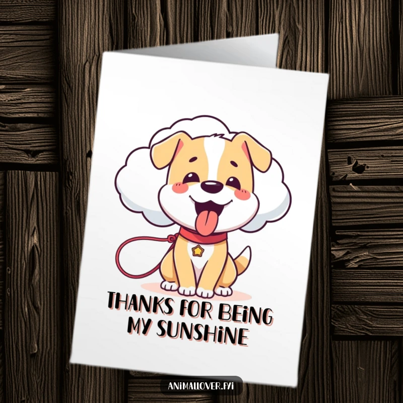 Funny Free Printable Dog Thank You Card: A happy dog leads a sentient cloud on a leash to express thanks.
