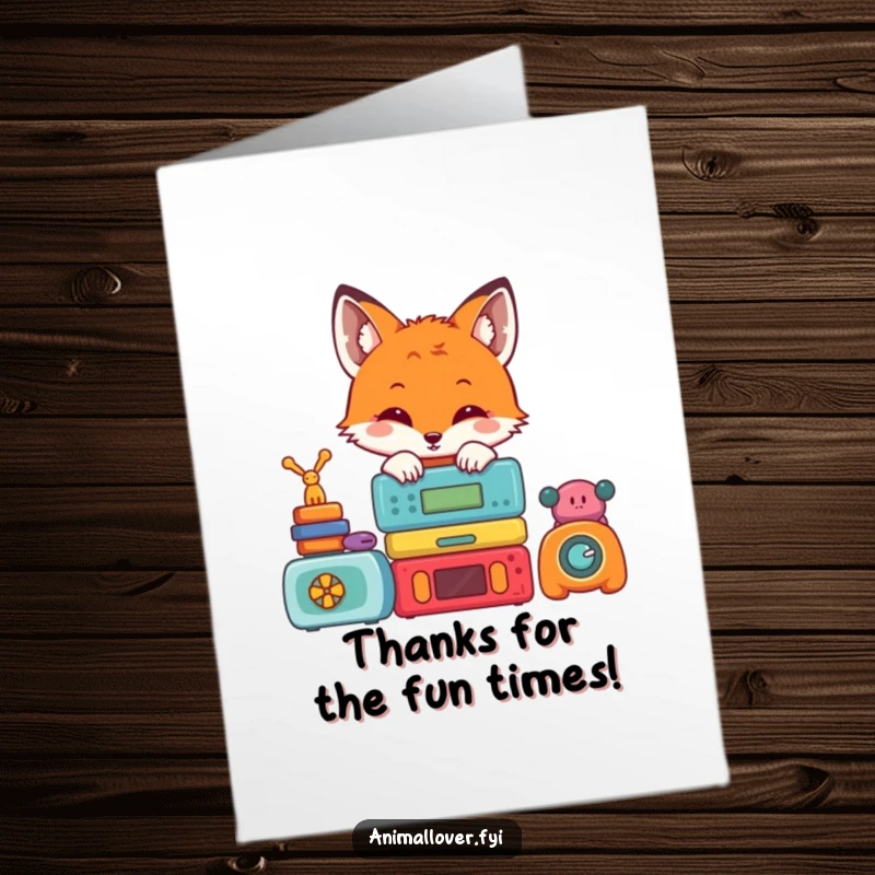 Funny Free Printable Thank You Card with a cute fox peeking over colorful toys, expressing heartfelt thanks.