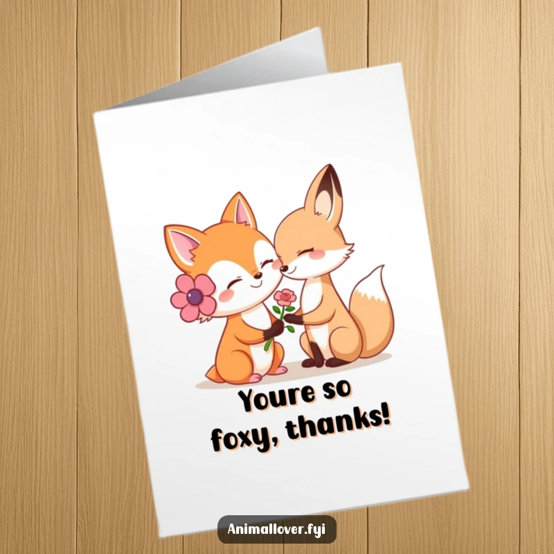 Funny Free Printable Thank You Card: A smiling fox offers a delicate flower to another animal, conveying sincere thanks.
