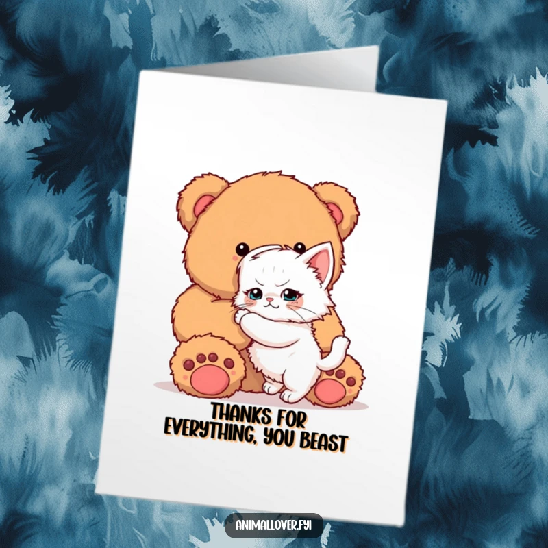 Funny Free Printable Kitten Thank You Card: A kitten's determined hug for a teddy bear expresses sincere thanks.